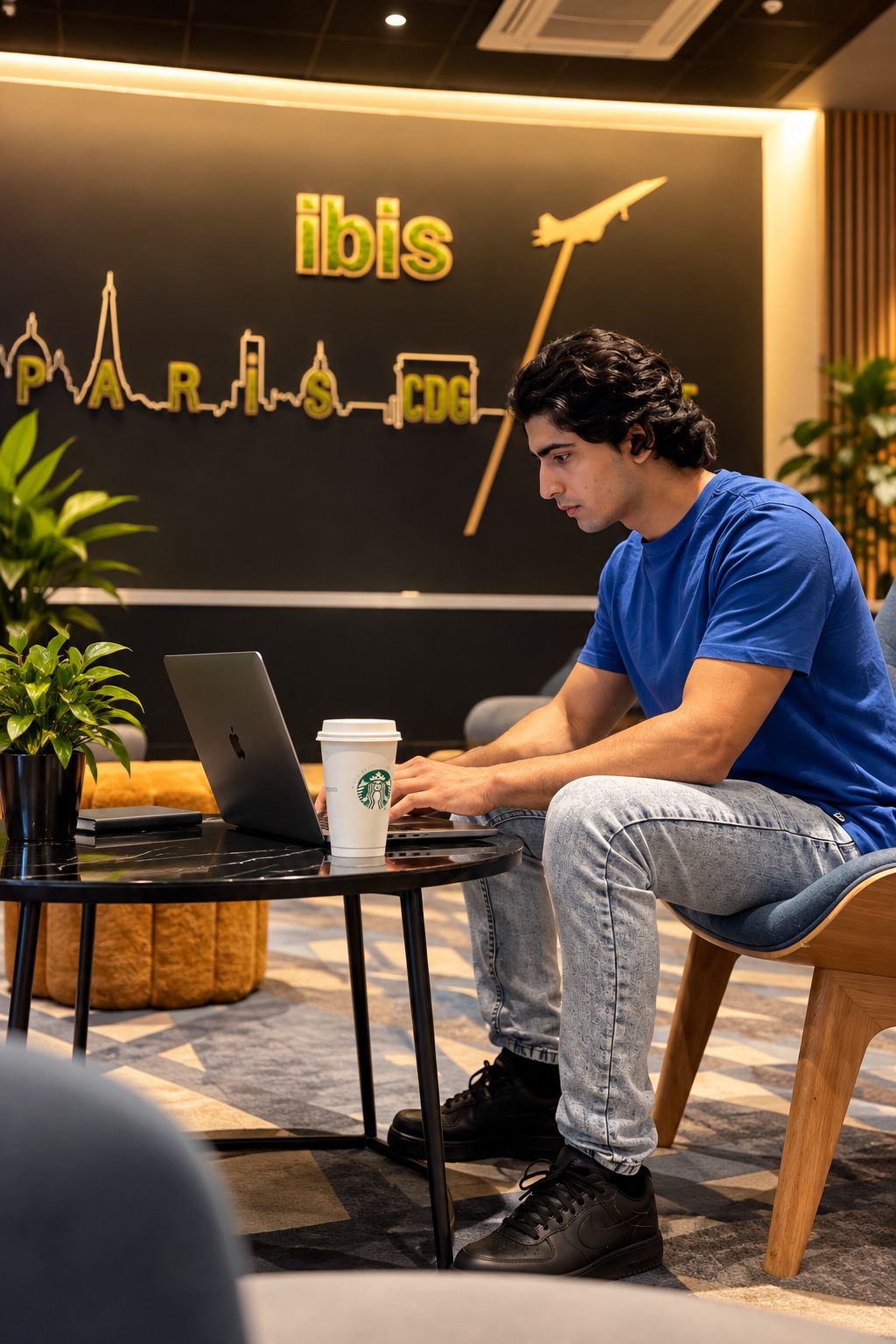 Digvijay Sharma working on a laptop in a professional lounge