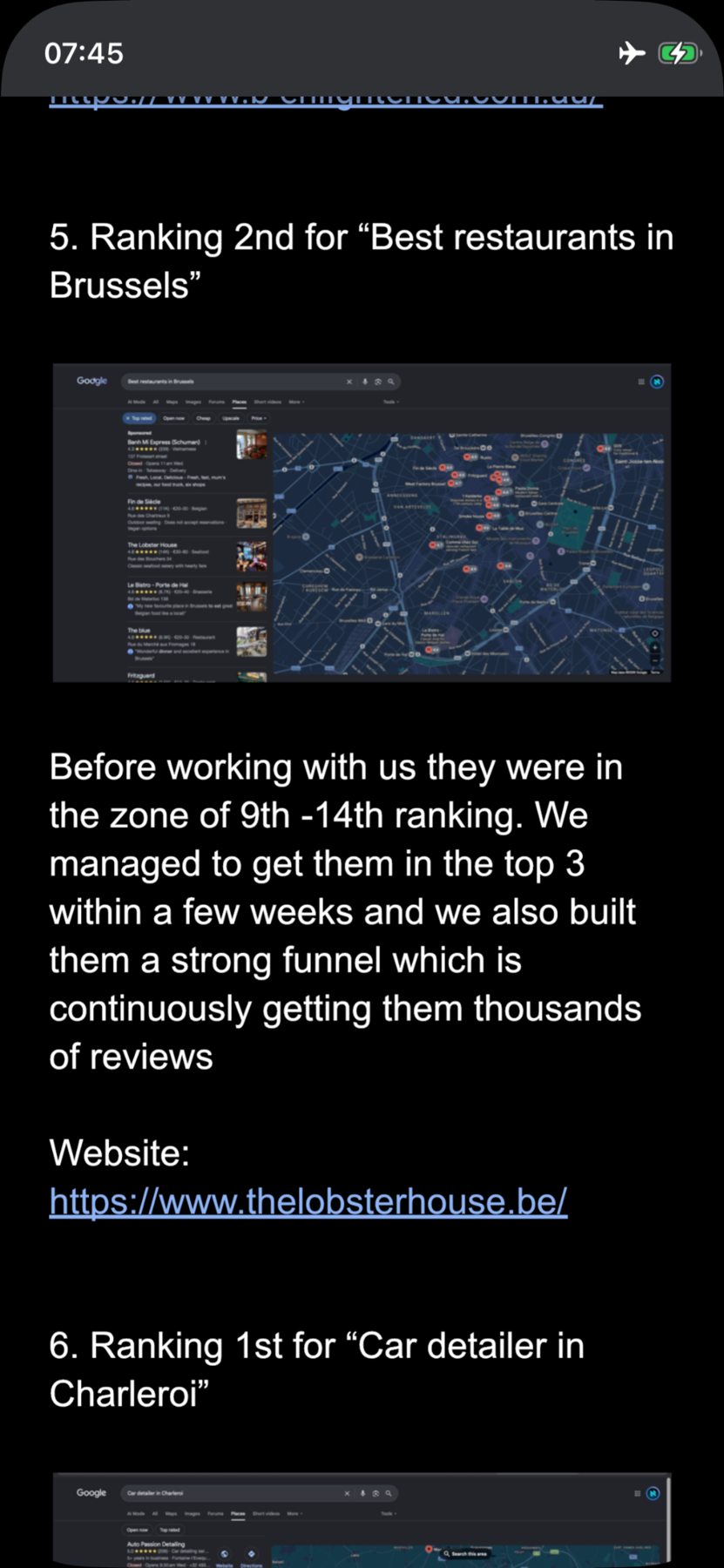 Supplied screenshot of Google Maps restaurant search results in Brussels